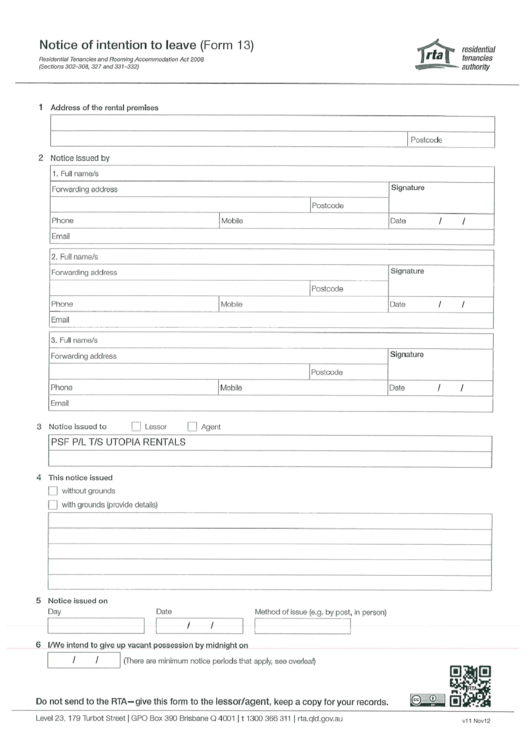 Form 13 - Notice Of Intention To Leave Printable pdf