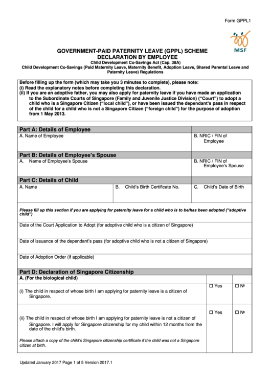 Form Gppl1 GovernmentPaid Paternity Leave (Gppl) Scheme Declaration By Employee printable pdf