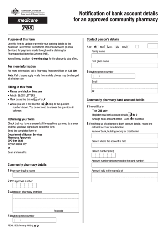 Fillable Form Pb048.1505 - Notification Of Bank Account Details For An Approved Community Pharmacy Printable pdf