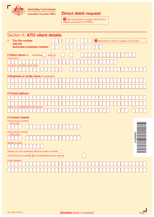 Form Nat 228405.2014 Direct Debit Request Australian Taxation