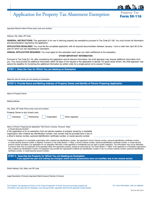 Fillable Form 50-116 - Application For Property Tax Abatement Exemption Printable pdf