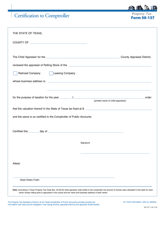 Fillable Form 50-137 - Certification To Comptroller Printable pdf