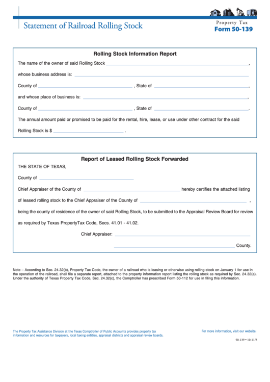 Fillable Form 50-139 - Statement Of Railroad Rolling Stock Printable pdf