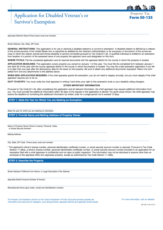 Fillable Form 50-135 - Application For Disabled Veteran