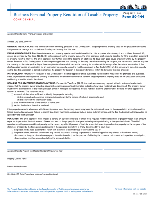 Fillable Form 50-144 - Business Personal Property Rendition Of Taxable Property Printable pdf