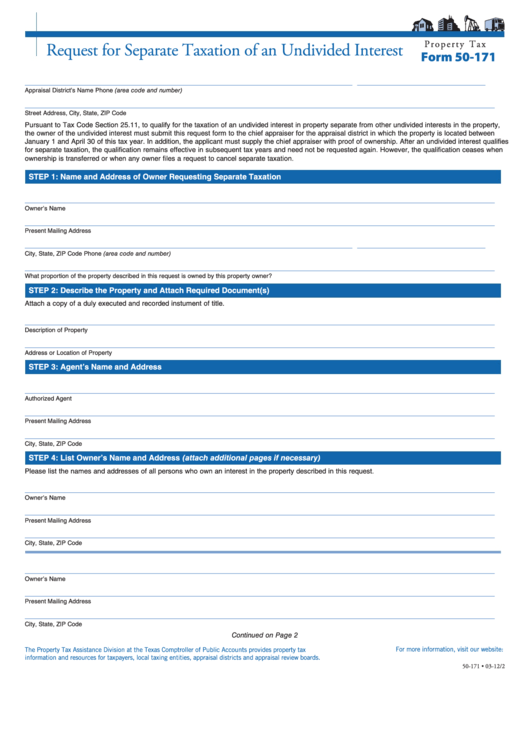 Fillable Form 50-171 - Request For Separate Taxation Of An Undivided Interest Printable pdf