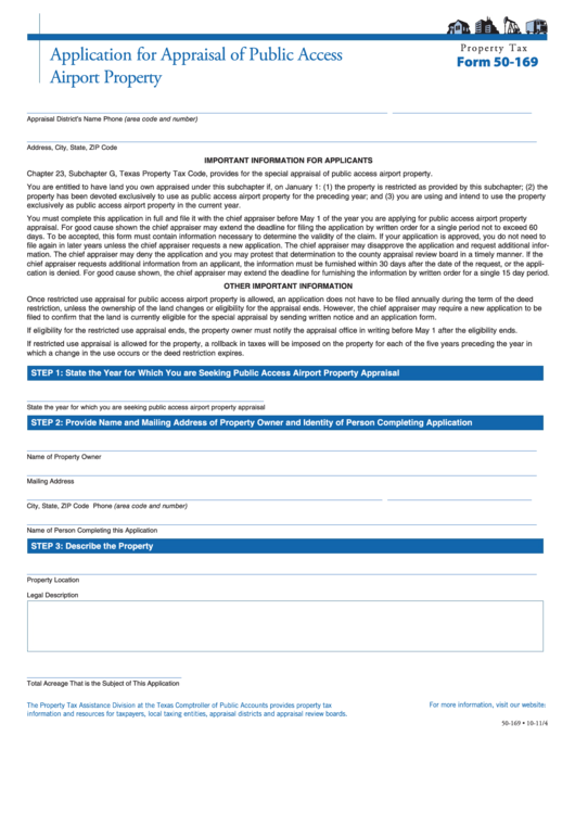 Fillable Form 50-169 - Application For Appraisal Of Public Access Airport Property Printable pdf