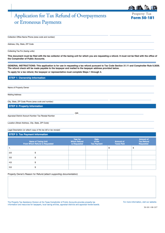 Fillable Form 50-181 - Application For Tax Refund Of Overpayments Or Erroneous Payments Printable pdf