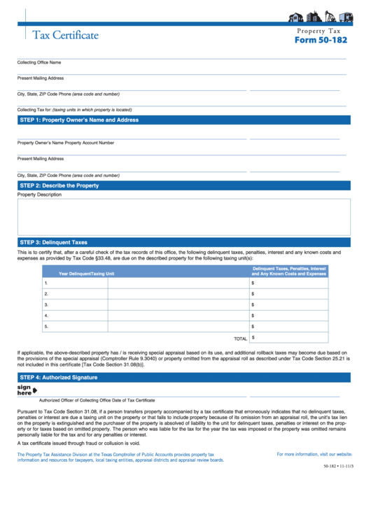 Fillable Form 50-182 - Tax Certificate Printable pdf