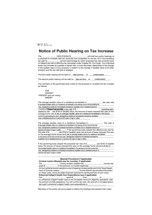 Fillable Form 50-197 - Notice Of Public Hearing On Tax Increase Printable pdf