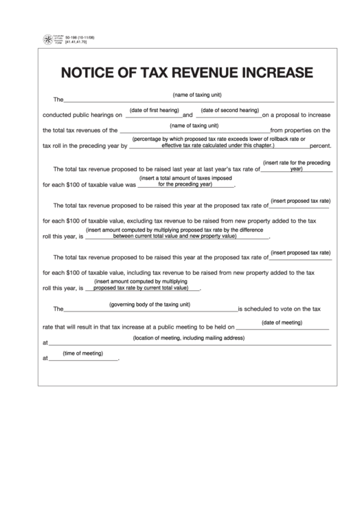 Fillable Form 50-198 - Notice Of Tax Revenue Increase Printable pdf