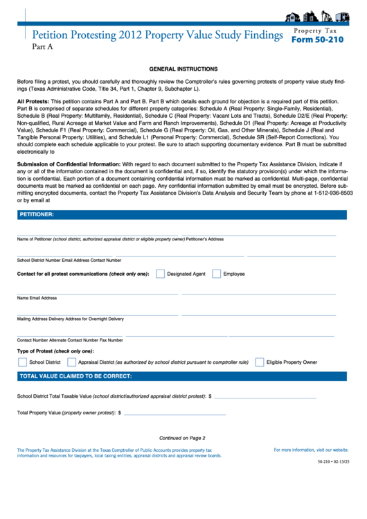 Fillable Form 50-210 - Petition Protesting Property Value Study Findings - 2012 Printable pdf