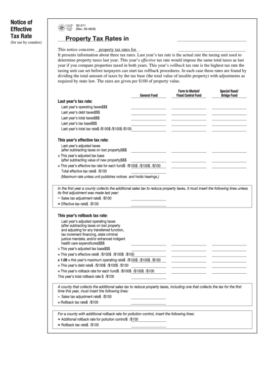 Fillable Form 50-211 - Notice Of Effective Tax Rate Printable pdf