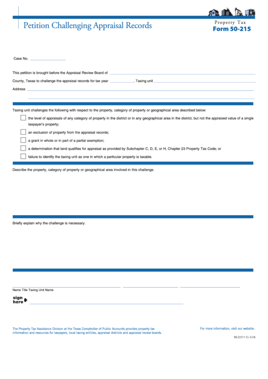 Fillable Form 50-215 - Petition Challenging Appraisal Records Printable pdf