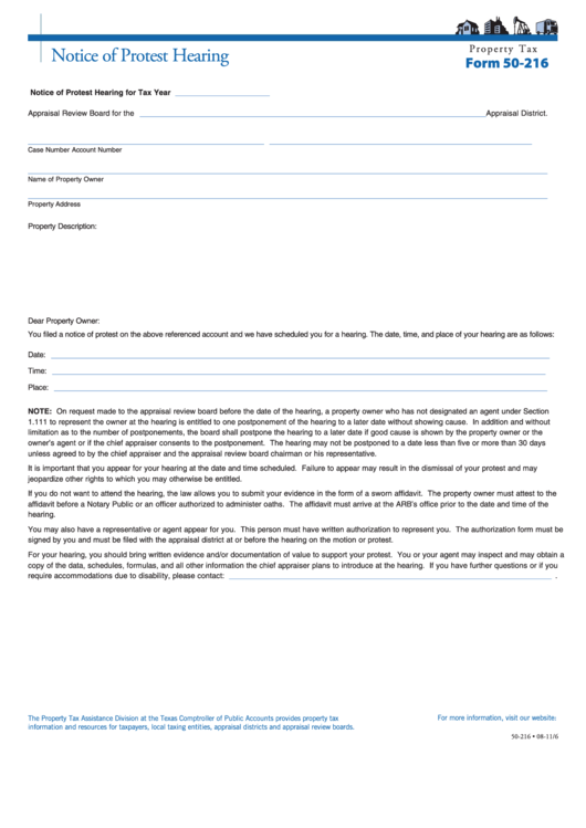 Fillable Form 50-216 - Notice Of Protest Hearing Printable pdf