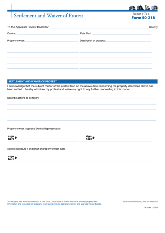 Fillable Form 50-218 - Settlement And Waiver Of Protest Printable pdf