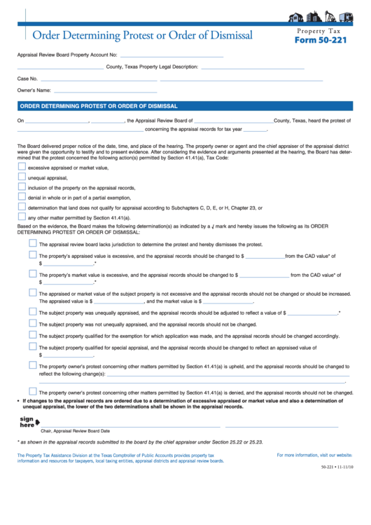 Fillable Form 50-221 - Order Determining Protest Or Order Of Dismissal Printable pdf