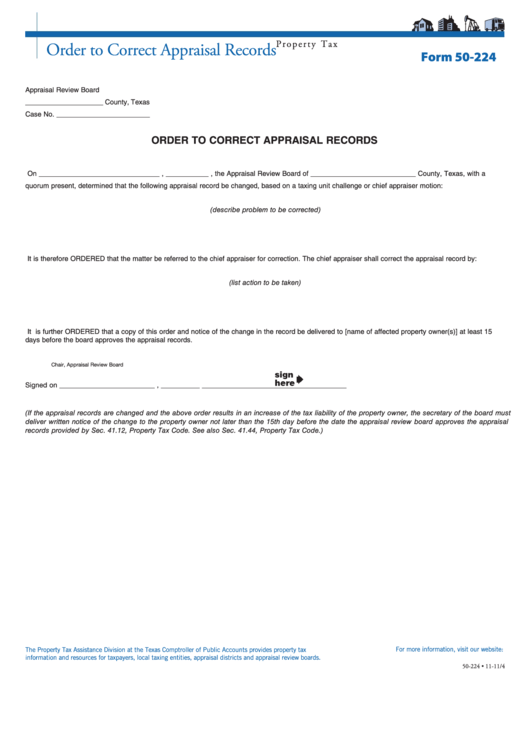 Fillable Form 50-224 - Order To Correct Appraisal Records Printable pdf