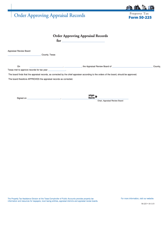 Fillable Form 50-225 - Order Approving Appraisal Records Printable pdf