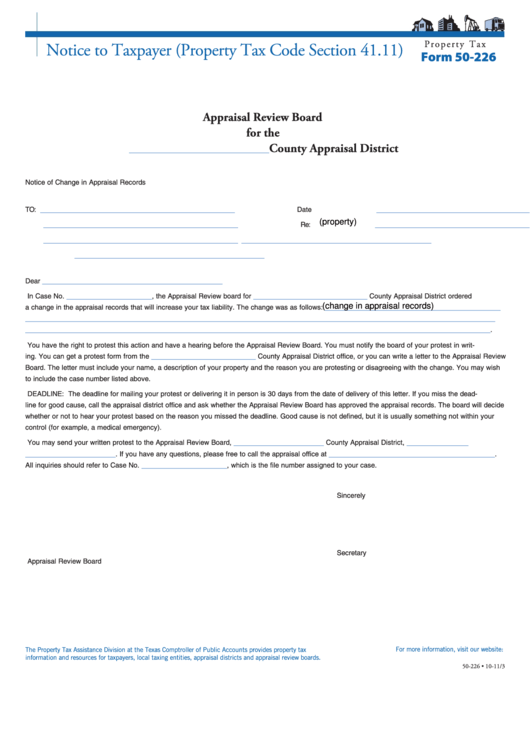 Fillable Form 50-226 - Notice To Taxpayer (Property Tax Code Section 41.11) Printable pdf