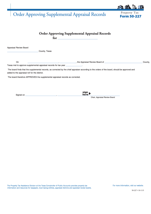 Fillable Form 50-227 - Order Approving Supplemental Appraisal Records Printable pdf