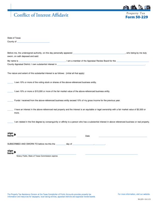 Fillable Form 50-229 - Conflict Of Interest Affidavit Printable pdf