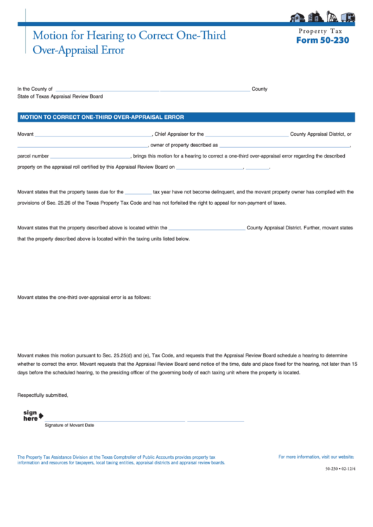 Fillable Form 50-230 - Motion For Hearing To Correct One-Third Over-Appraisal Error Printable pdf