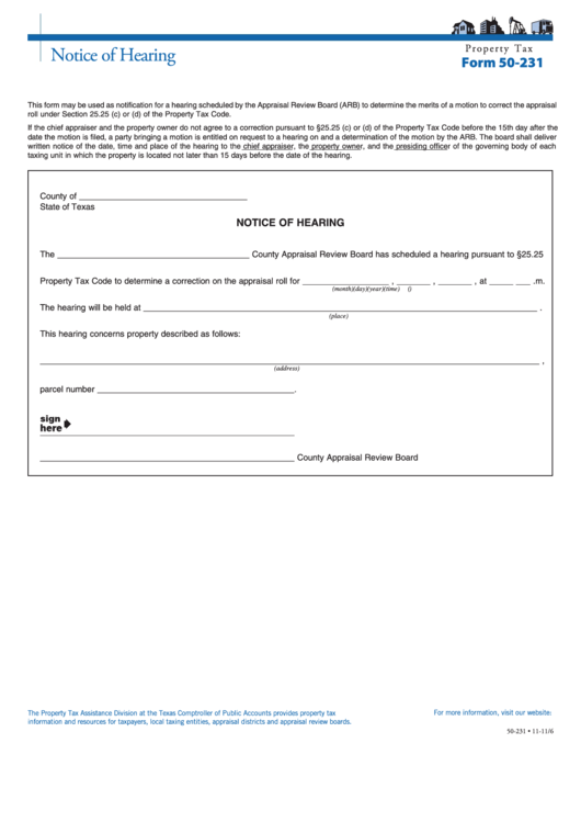 Fillable Form 50-231 - Notice Of Hearing Printable pdf