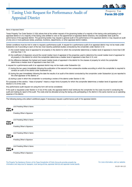 Fillable Form 50-239 - Taxing Unit Request For Performance Audit Of Appraisal District Printable pdf