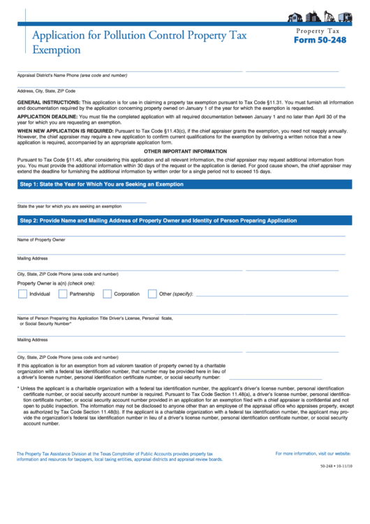 Fillable Form 50-248 - Application For Pollution Control Property Tax Exemption Printable pdf