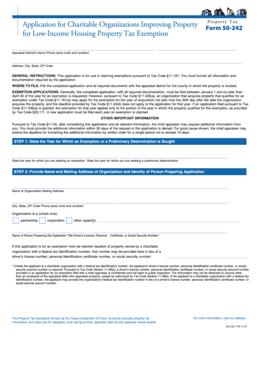 Fillable Form 50-242 - Application For Charitable Organizations Improving Property For Low-Income Housing Property Tax Exemption Printable pdf