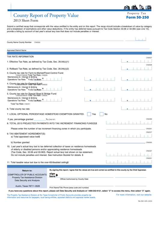 Fillable Form 50-250 - County Report Of Property Value - 2013 Printable pdf