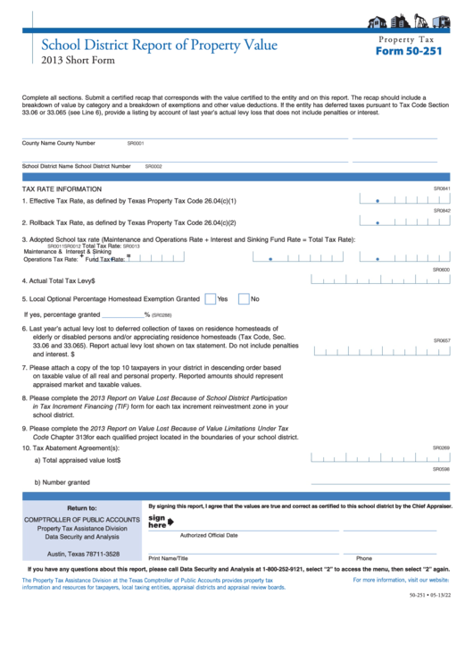 Fillable Form 50-251 - School District Report Of Property Value - 2013 Printable pdf