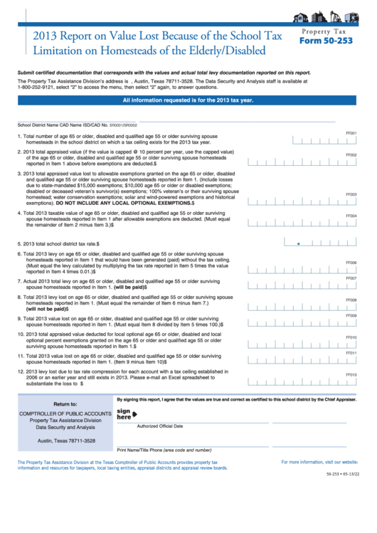Fillable Form 50-253 - Report On Value Lost Because Of The School Tax Limitation On Homesteads Of The Elderly/disabled - 2013 Printable pdf