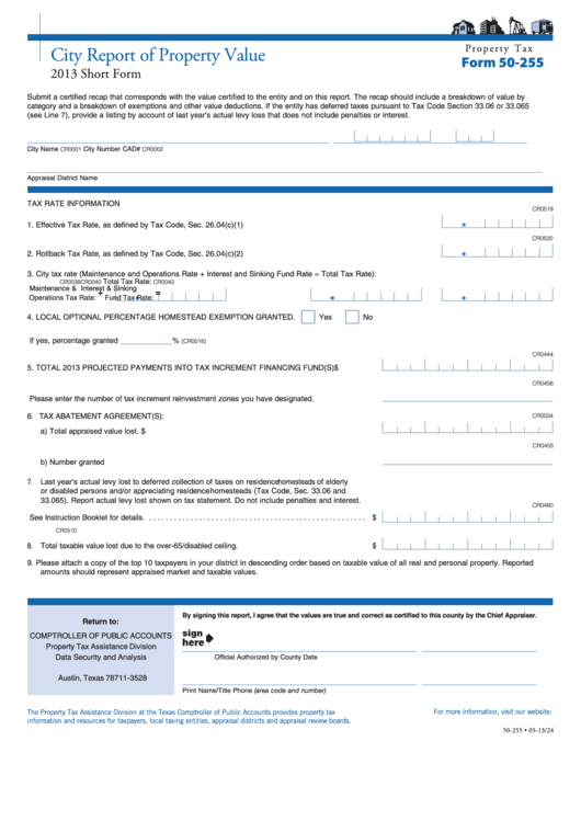 Fillable Form 50-255 - City Report Of Property Value - 2013 Printable pdf