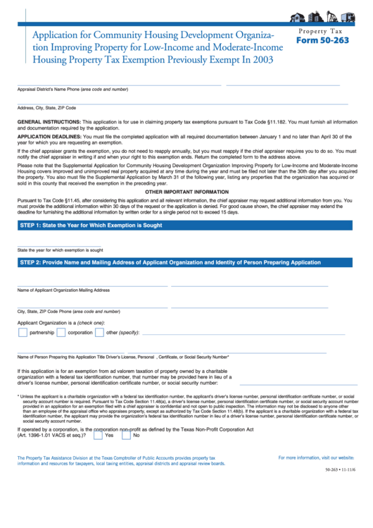 Fillable Form 50-263 - Application For Community Housing Development Organization Improving Property For Low-Income And Moderate-Income Housing Property Tax Exemption Previously Exempt - 2003 Printable pdf