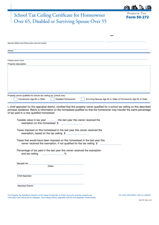 Fillable Form 50-272 - School Tax Ceiling Certificate For Homeowner Over 65, Disabled Or Surviving Spouse Over 55 Printable pdf