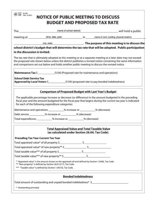 Fillable Form 50-280 - Notice Of Public Meeting To Discuss Budget And Proposed Tax Rate Printable pdf