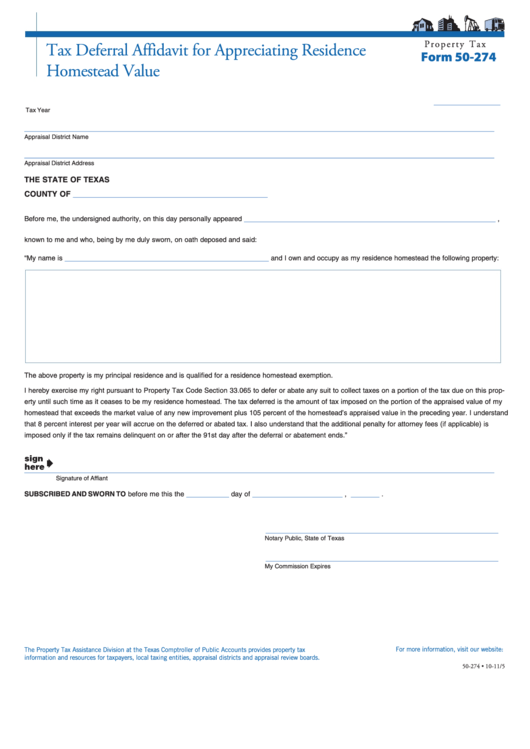 Fillable Form 50-274 - Tax Deferral Affidavit For Appreciating Residence Homestead Value Printable pdf