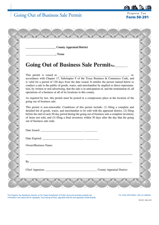 Fillable Form 50-291 - Going Out Of Business Sale Permit Printable pdf