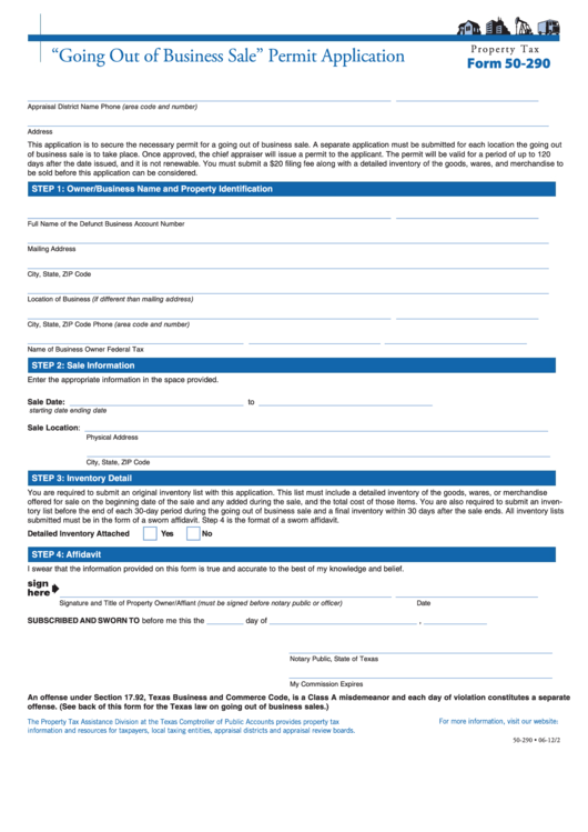 Fillable Form 50-290 - "Going Out Of Business Sale" Permit Application Printable pdf