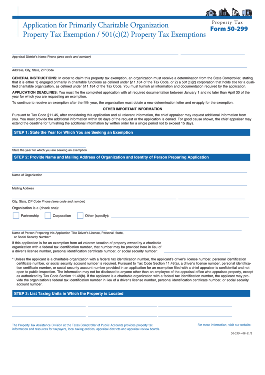 Fillable Form 50-299 - Application For Primarily Charitable Organization Property Tax Exemption / 501(C)(2) Property Tax Exemptions Printable pdf