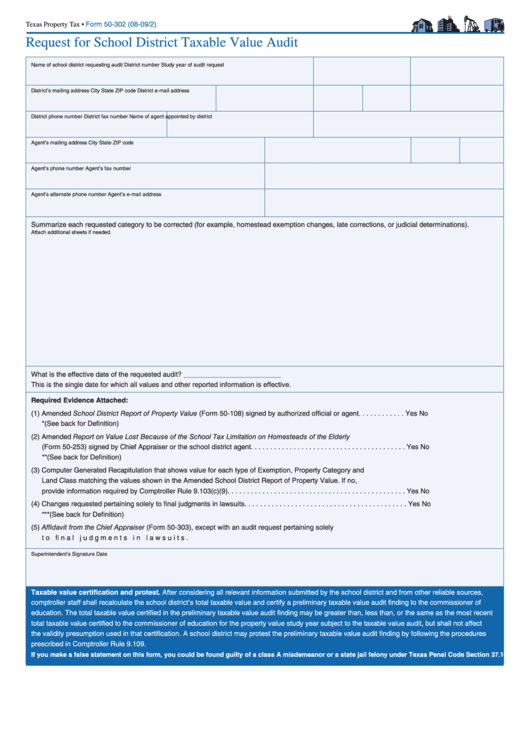 Fillable Form 50-302 - Request For School District Taxable Value Audit Printable pdf