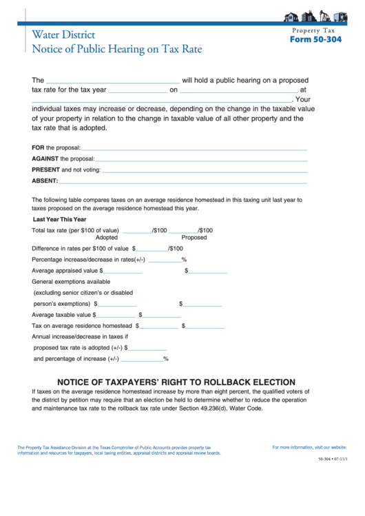 Fillable Form 50-304 - Water District Notice Of Public Hearing On Tax Rate Printable pdf