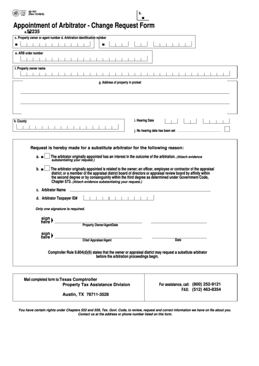 Fillable Form 50-707 - Appointment Of Arbitrator - Change Request Form Printable pdf