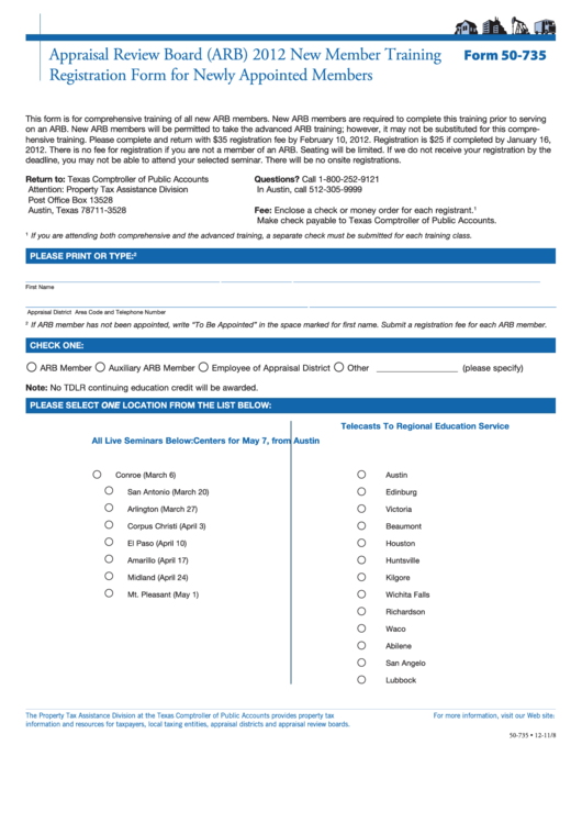 Fillable Form 50-735 - Appraisal Review Board (Arb) 2012 New Member Training Registration Form For Newly Appointed Members Printable pdf