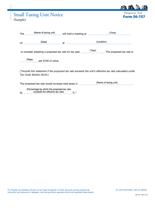 Fillable Form 50-757 - Small Taxing Unit Notice Printable pdf