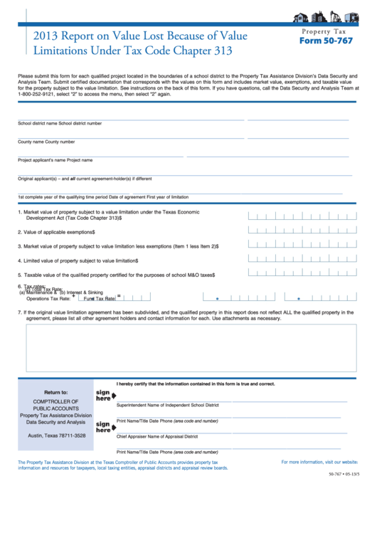 Fillable Form 50-767 - Report On Value Lost Because Of Value Limitations Under Tax Code Chapter 313 - 2013 Printable pdf