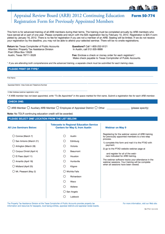 Fillable Form 50-774 - Appraisal Review Board (Arb) Continuing Education Registration Form For Previously Appointed Members - 2012 Printable pdf