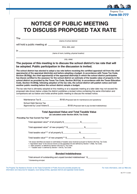 Fillable Form 50-777 - Notice Of Public Meeting To Discuss Proposed Tax Rate Printable pdf